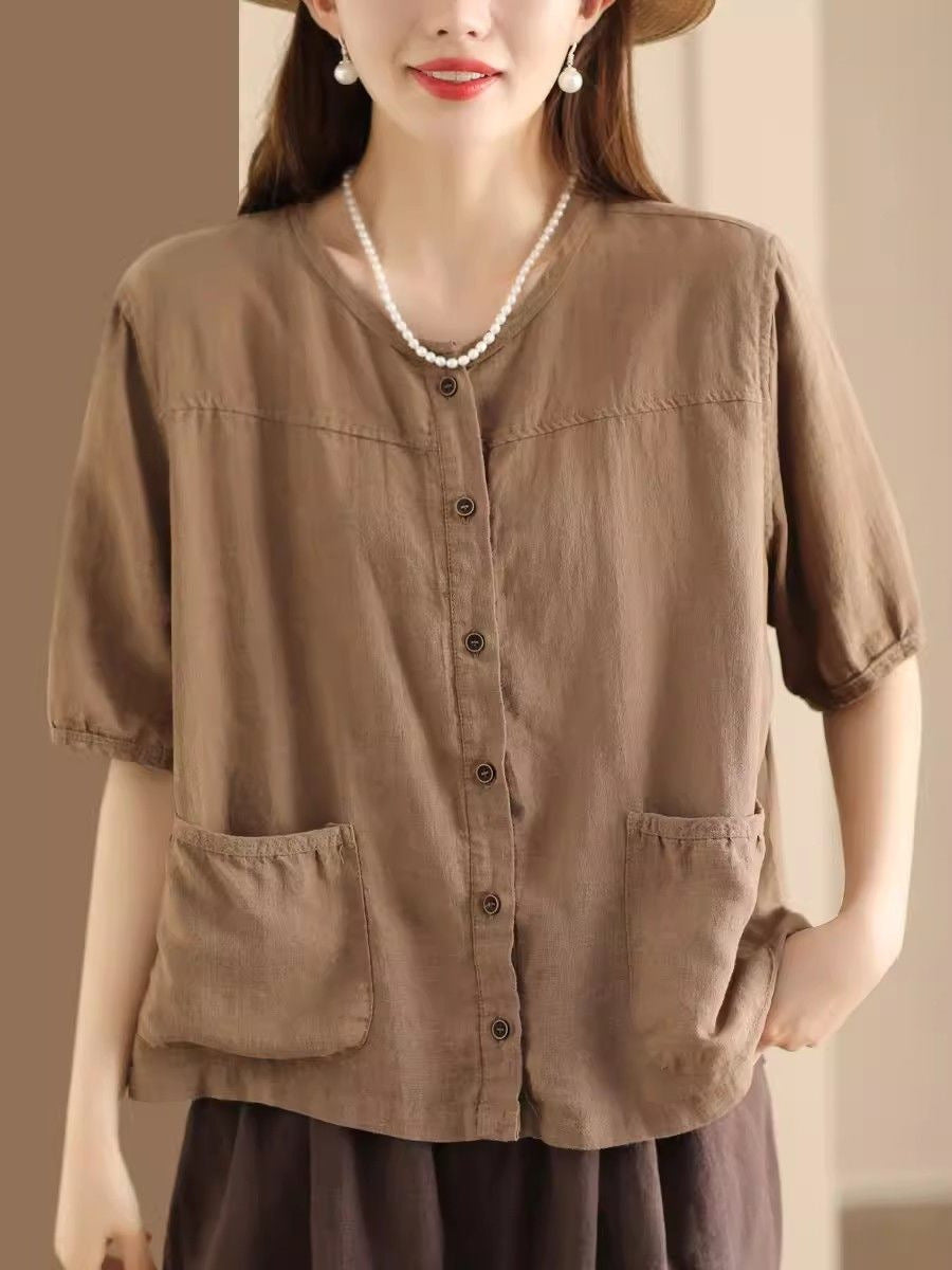 Women's Summer Retro Literary Cotton Linen Shirt Pocket Design Casual Blouses