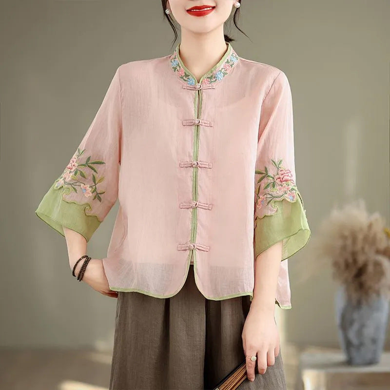 Women's Retro Ethnic Stand Collar Embroidery Shirt Buckle Color Blouses