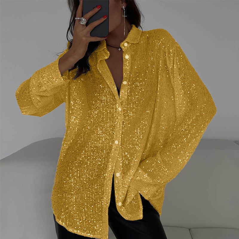 Women's Sequin Lapel Long Sleeve Basic Style Blouses