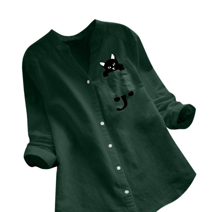 Women's Cotton Linen Printed Long Sleeve Casual Blouses