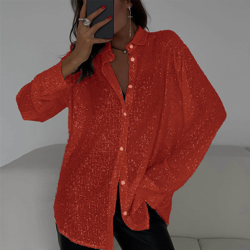 Women's Sequin Lapel Long Sleeve Basic Style Blouses