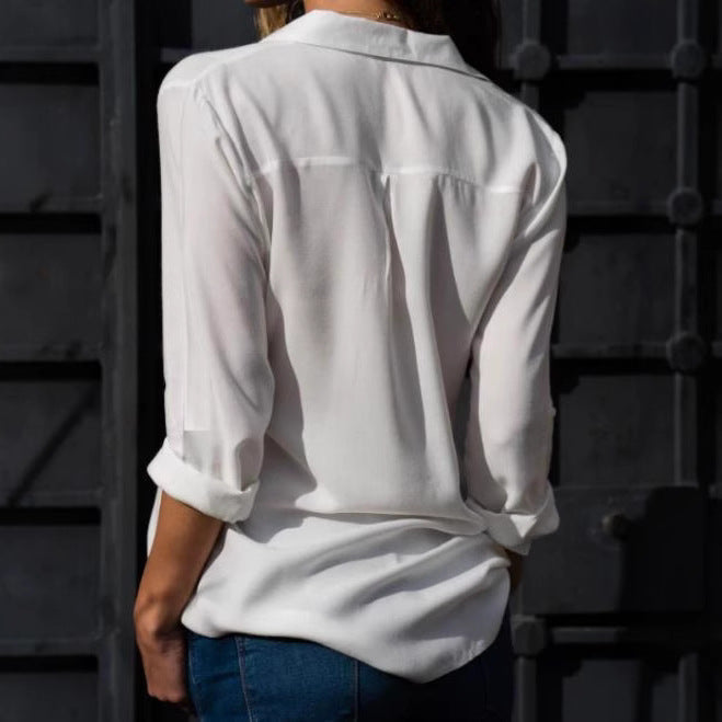 Women's Long-sleeved Deep V Button Chiffon Shirt Blouses