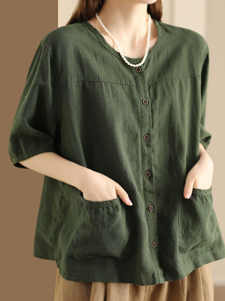 Women's Summer Retro Literary Cotton Linen Shirt Pocket Design Casual Blouses
