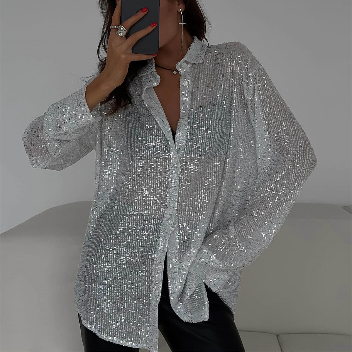 Women's Sequin Lapel Long Sleeve Basic Style Blouses