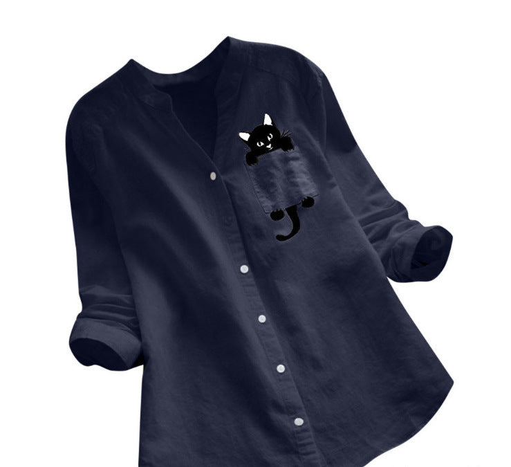 Women's Cotton Linen Printed Long Sleeve Casual Blouses