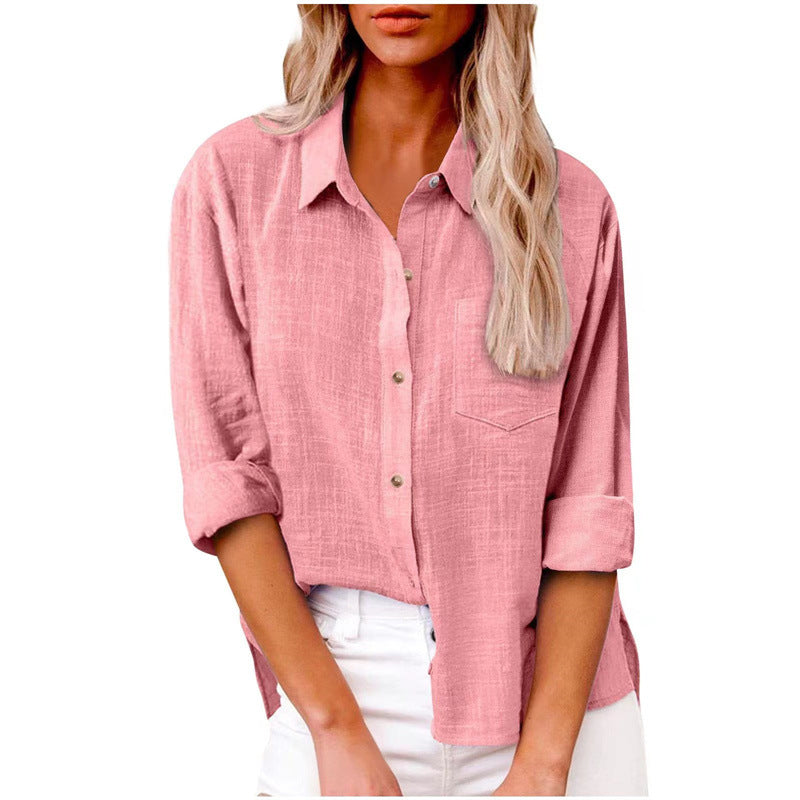 Women's Solid Color Pocket Split Button Cotton Blouses
