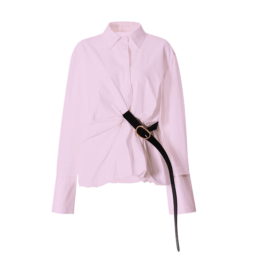 Waist Tight Shirt White Casual Design Belt Blouses