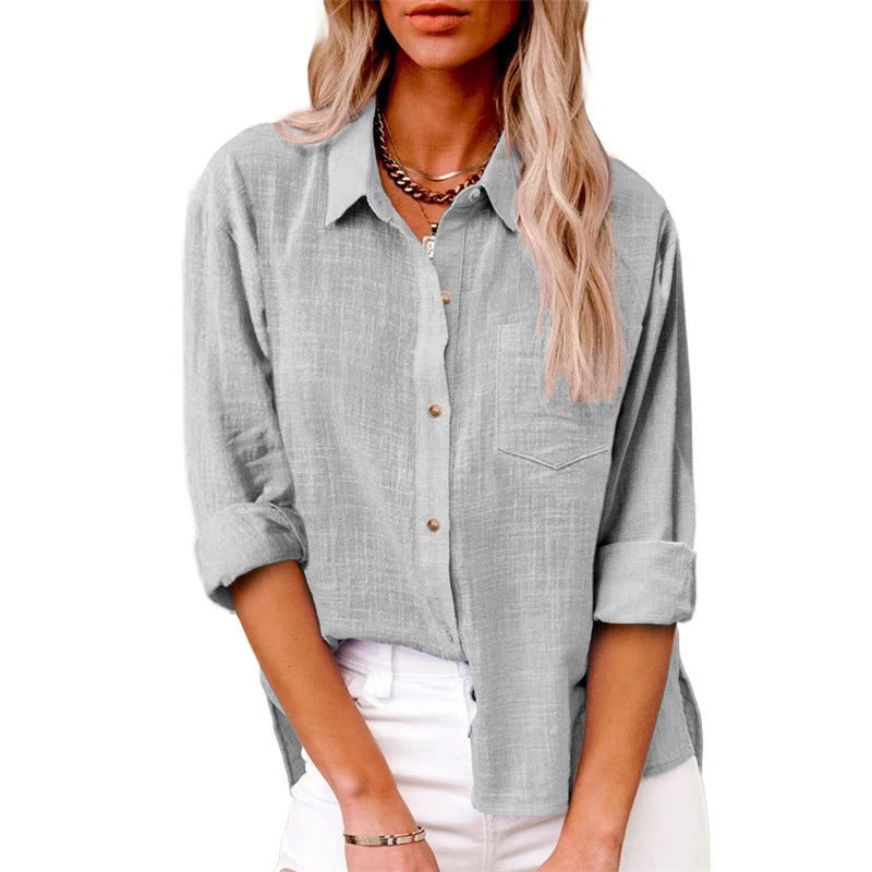Women's Solid Color Pocket Split Button Cotton Blouses