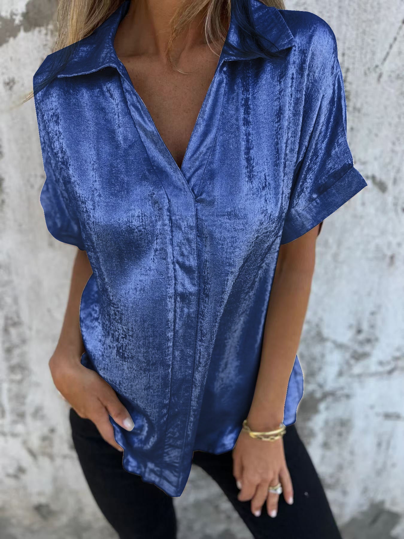 Women's Summer Casual Loose Bronzing Sleeve Lapel Blouses