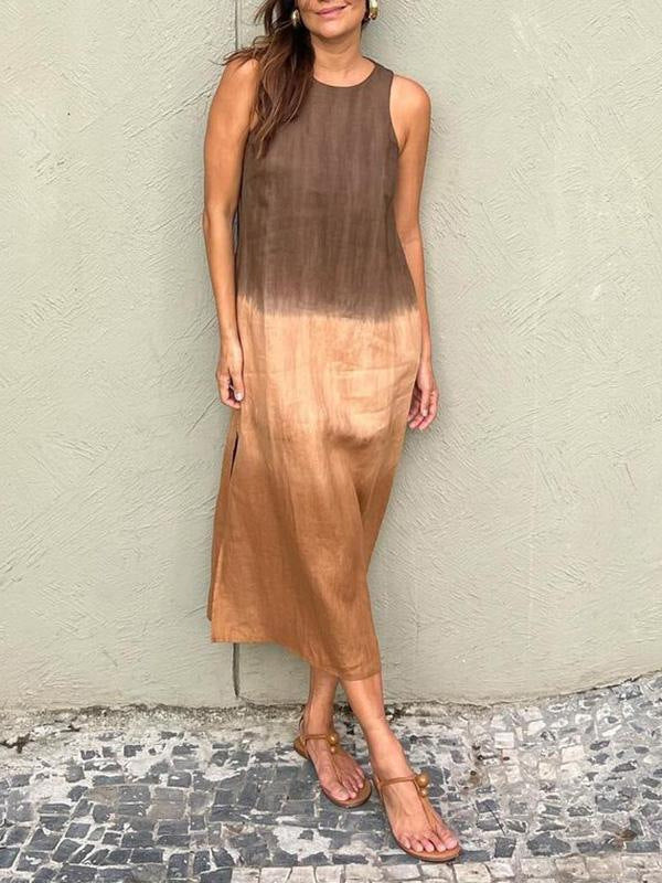 Women's Casual Cotton Linen Sleeveless Slit Gradient Dresses