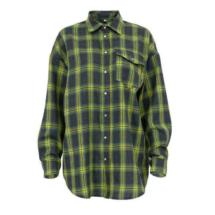 Women's Retro Style Lapel Loose Shirt Plaid Blouses
