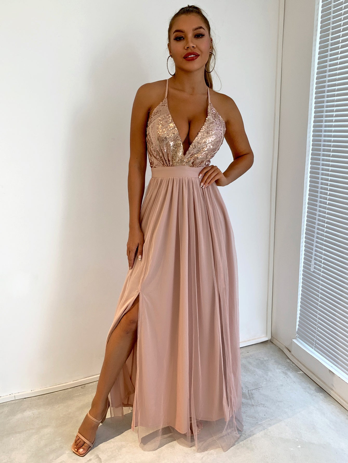 Women's Straps Tulle Sequin Stitching Slit Swing Dresses