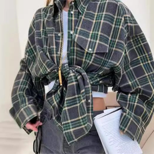 Women's Retro Style Lapel Loose Shirt Plaid Blouses
