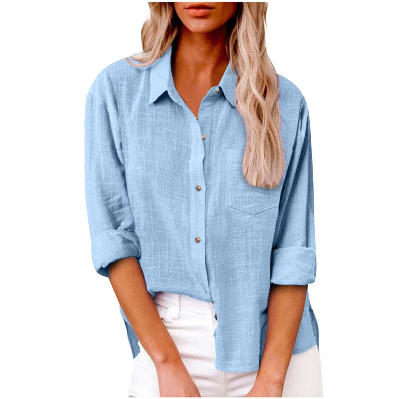 Women's Solid Color Pocket Split Button Cotton Blouses
