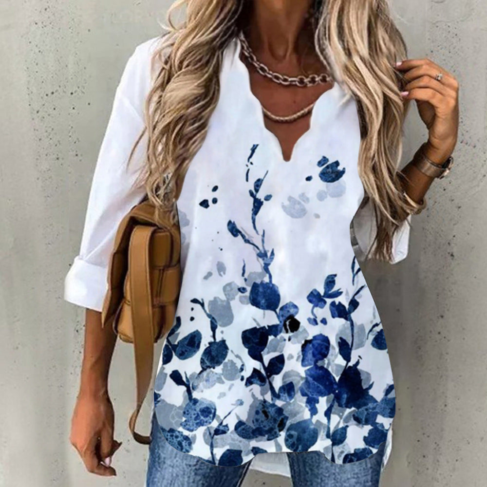 Women's Temperament Wave Collar Shirt Printed Long Blouses