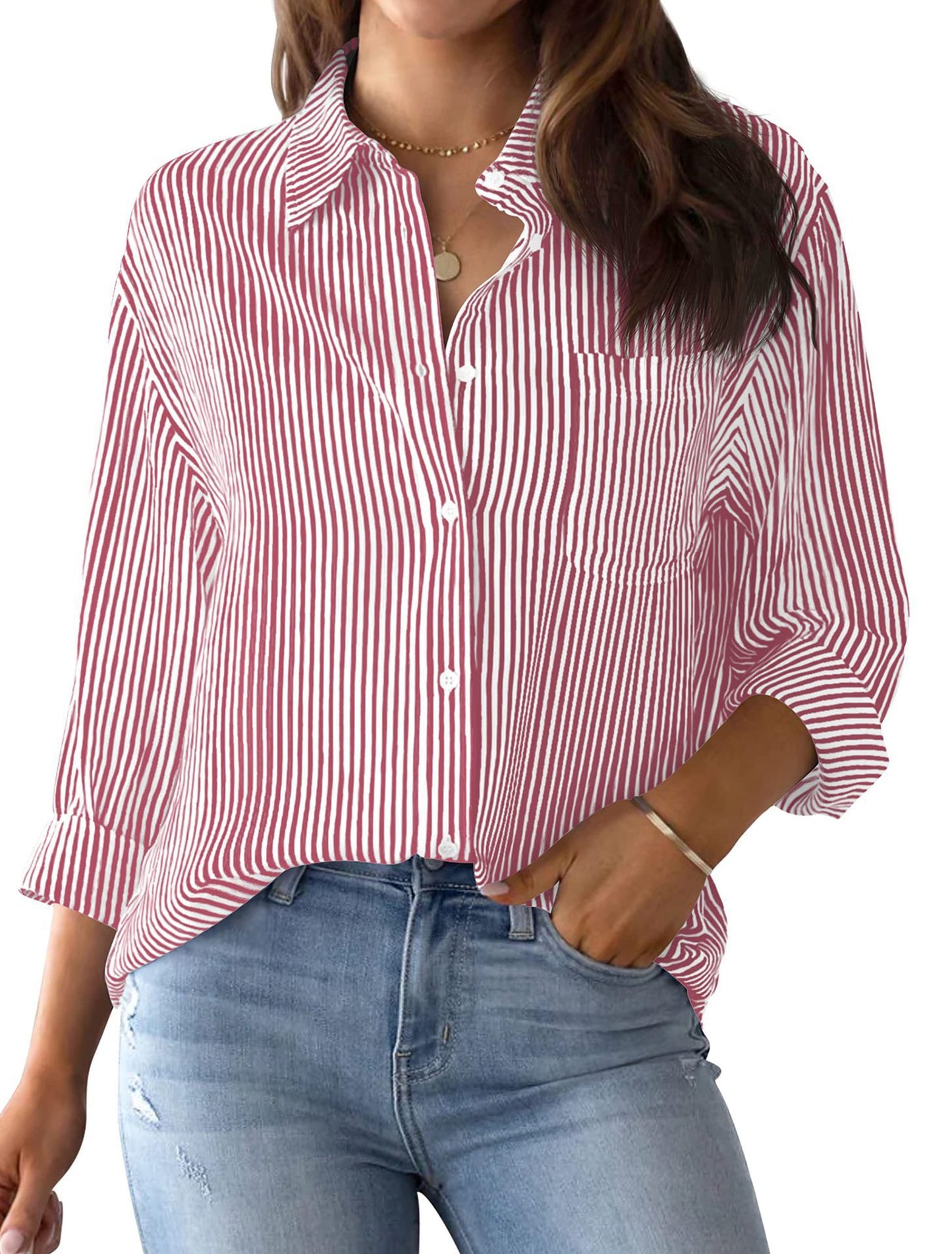 Women's For With Pocket Loose Striped Classic Blouses