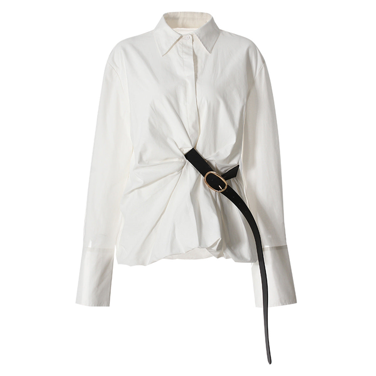 Waist Tight Shirt White Casual Design Belt Blouses