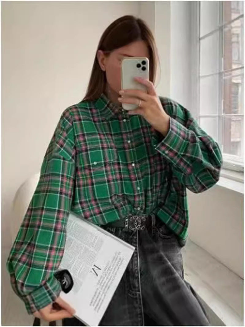 Women's Retro Style Lapel Loose Shirt Plaid Blouses