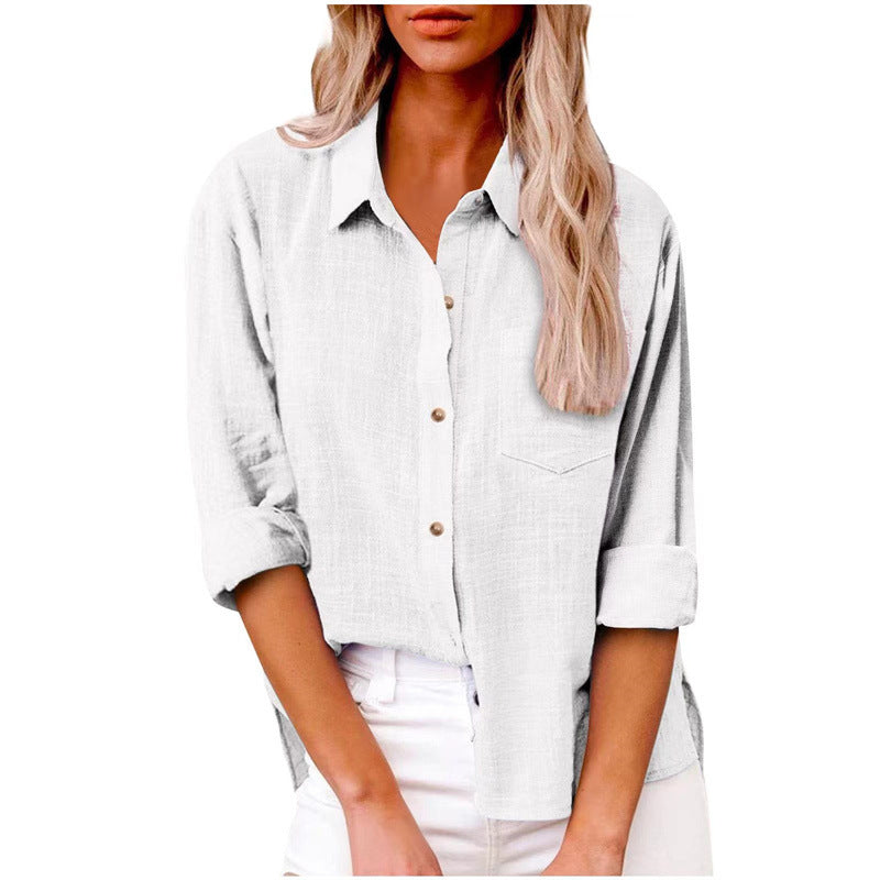 Women's Solid Color Pocket Split Button Cotton Blouses