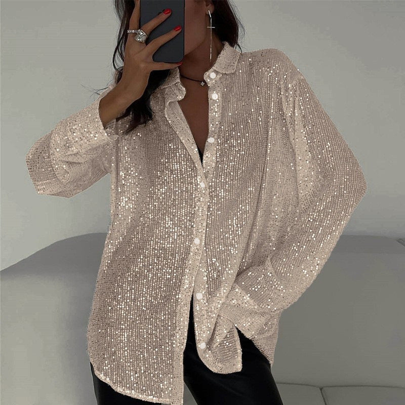 Women's Sequin Lapel Long Sleeve Basic Style Blouses