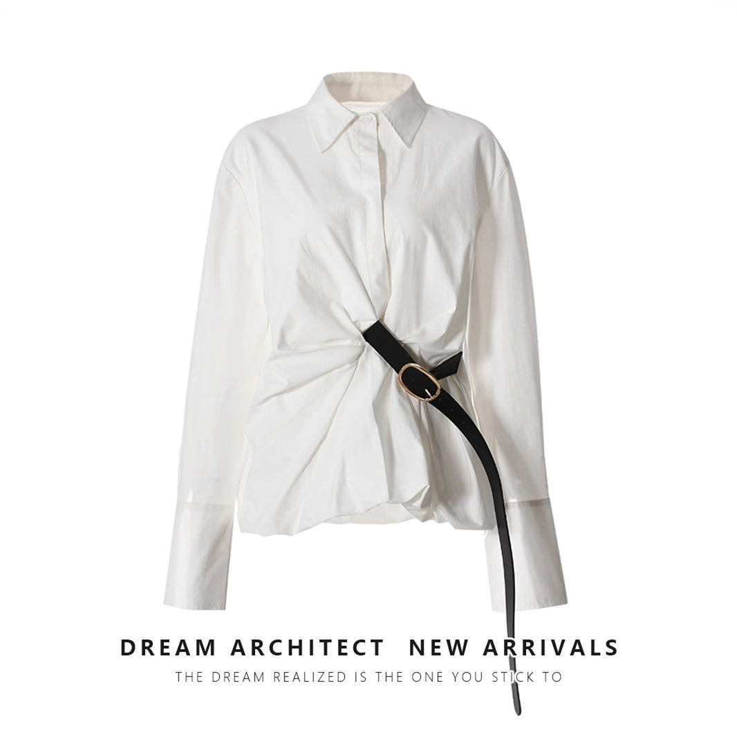 Waist Tight Shirt White Casual Design Belt Blouses