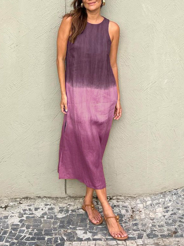 Women's Casual Cotton Linen Sleeveless Slit Gradient Dresses