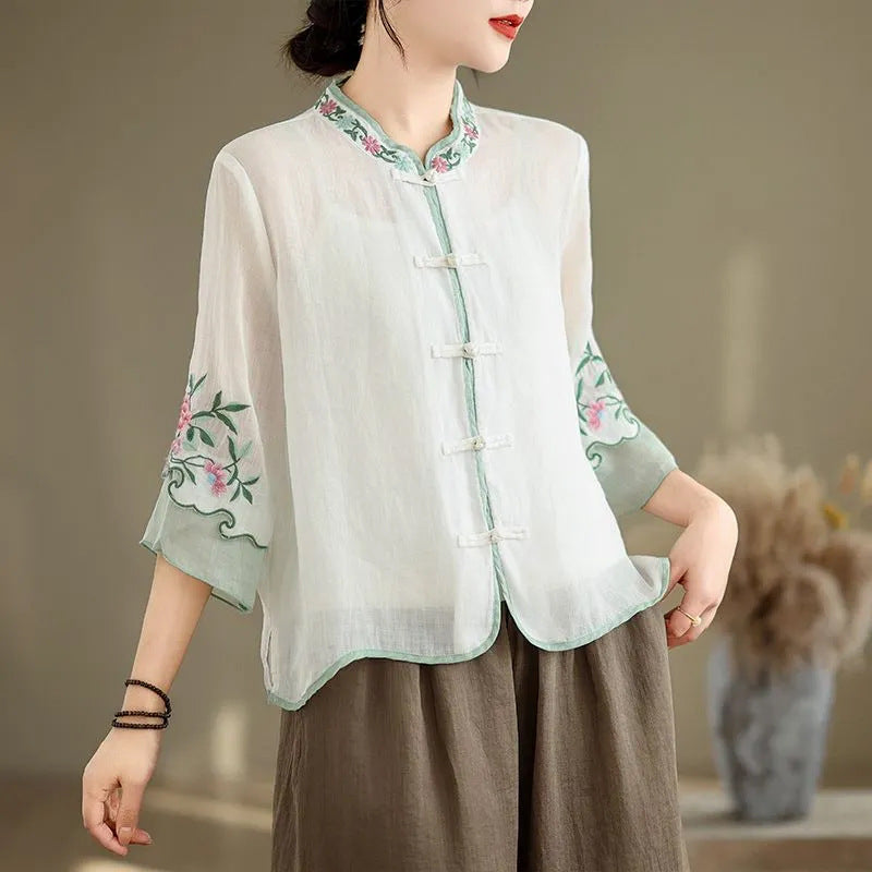 Women's Retro Ethnic Stand Collar Embroidery Shirt Buckle Color Blouses