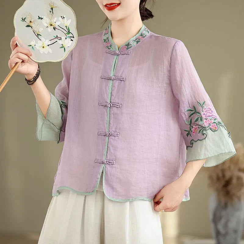 Women's Retro Ethnic Stand Collar Embroidery Shirt Buckle Color Blouses
