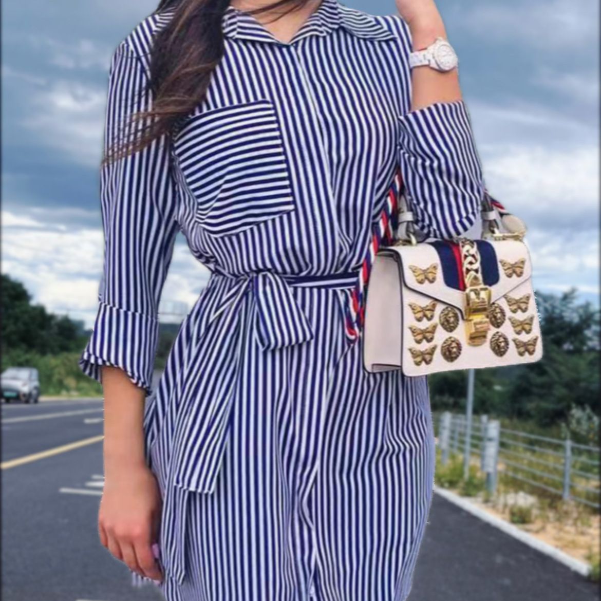 Women's Autumn Wear Striped Blue Loose Mid-length Blouses