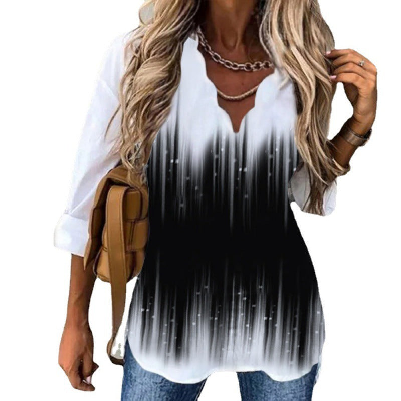 Women's Temperament Wave Collar Shirt Printed Long Blouses