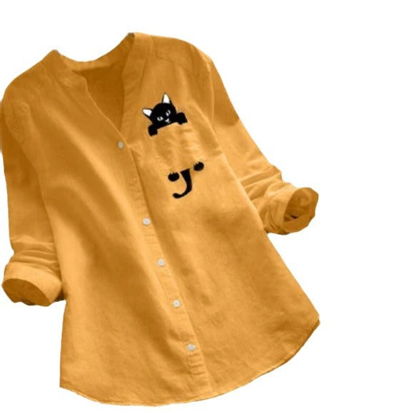 Women's Cotton Linen Printed Long Sleeve Casual Blouses