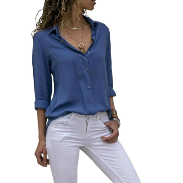 Women's Long-sleeved Deep V Button Chiffon Shirt Blouses