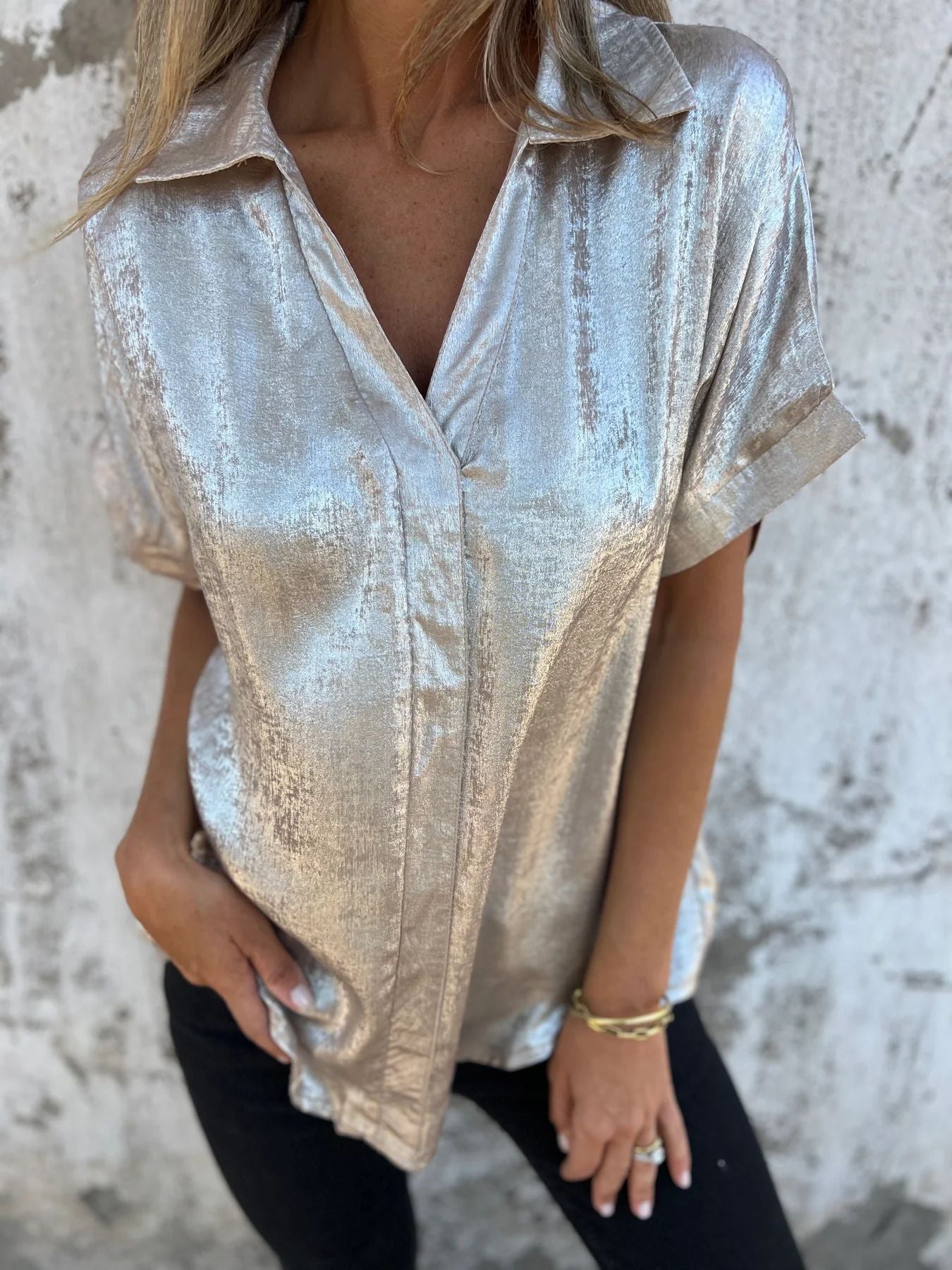 Women's Summer Casual Loose Bronzing Sleeve Lapel Blouses