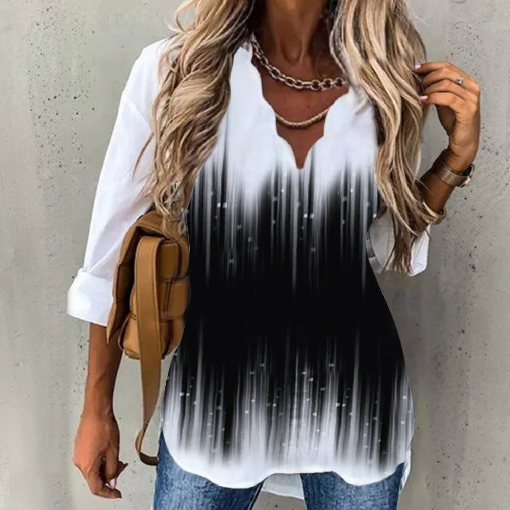 Women's Temperament Wave Collar Shirt Printed Long Blouses