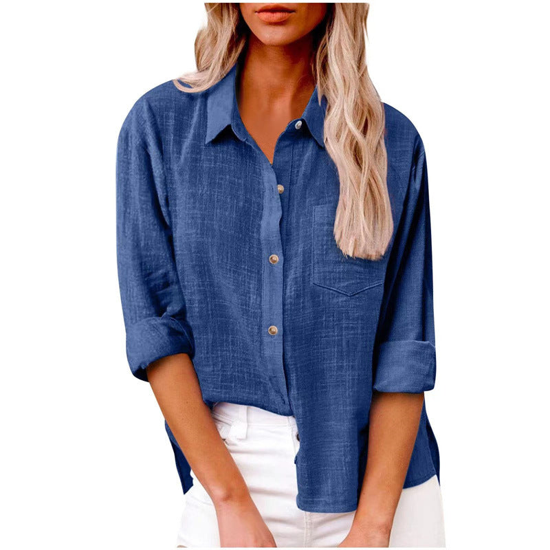 Women's Solid Color Pocket Split Button Cotton Blouses