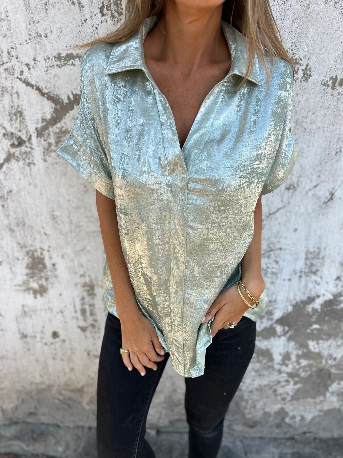 Women's Summer Casual Loose Bronzing Sleeve Lapel Blouses