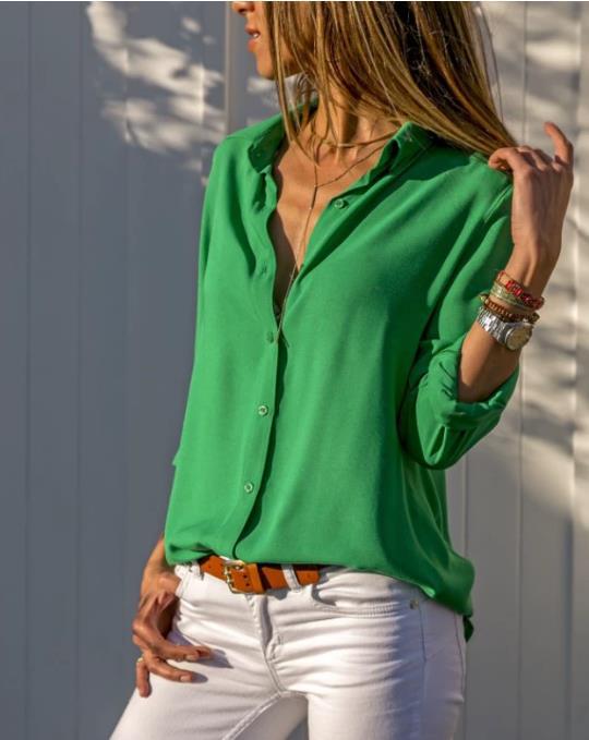 Women's Long-sleeved Deep V Button Chiffon Shirt Blouses