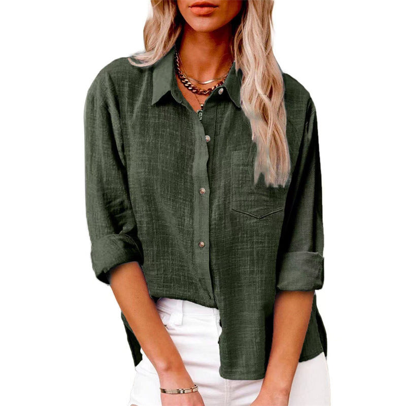 Women's Solid Color Pocket Split Button Cotton Blouses