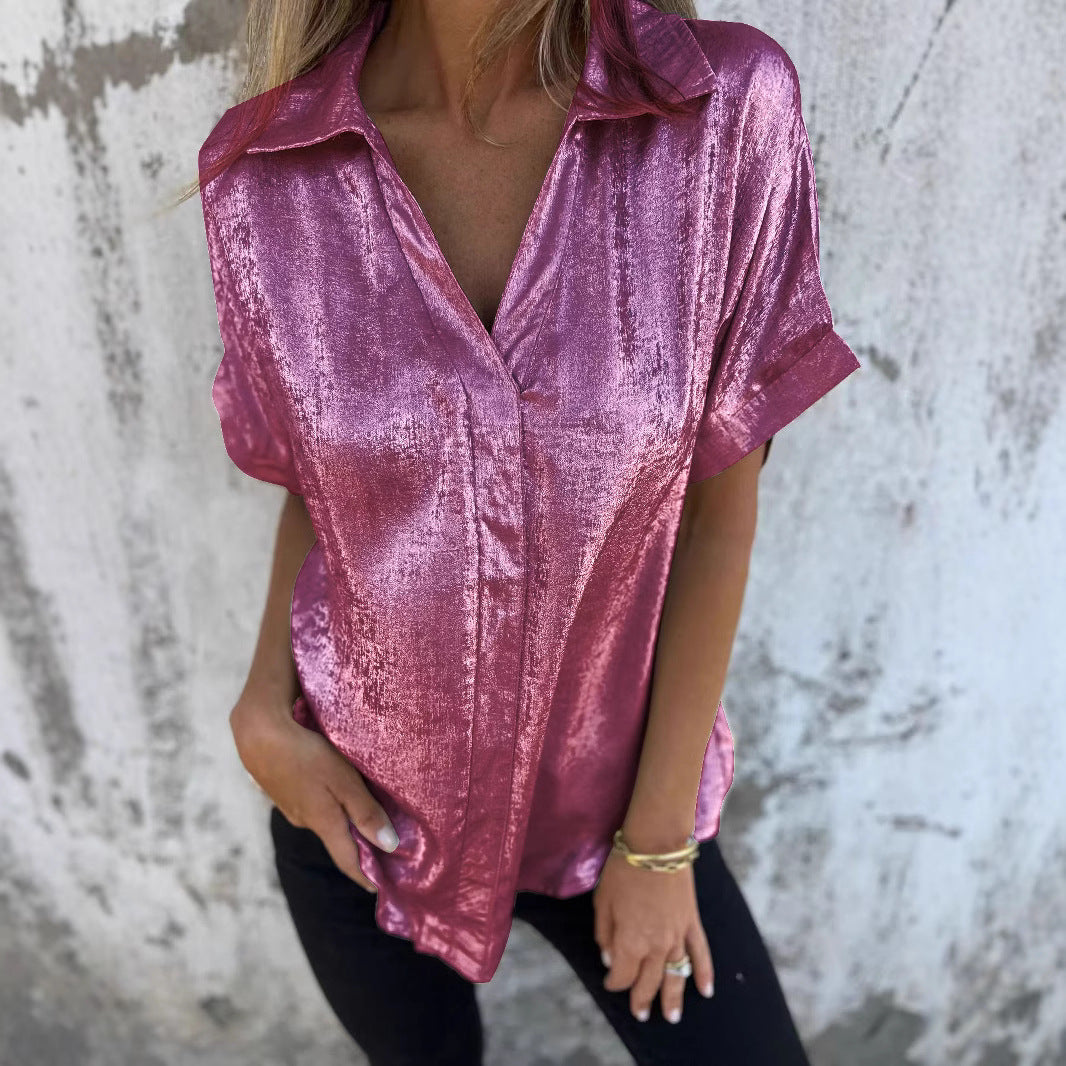 Women's Summer Casual Loose Bronzing Sleeve Lapel Blouses