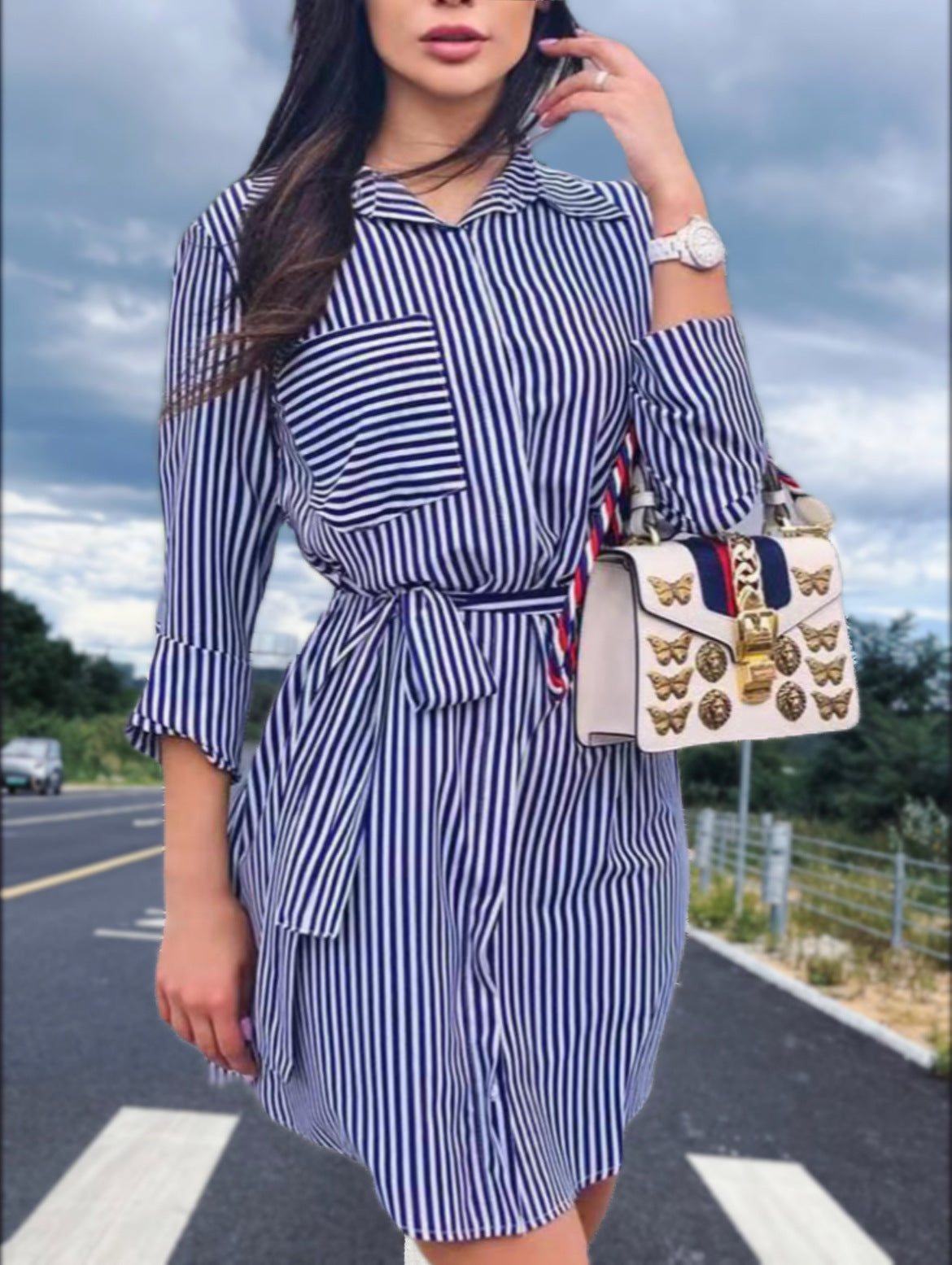 Women's Autumn Wear Striped Blue Loose Mid-length Blouses