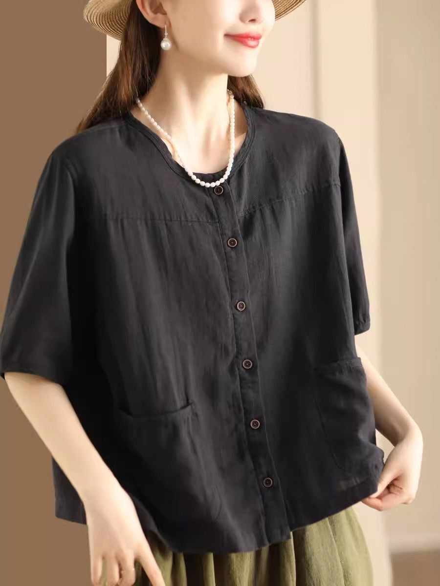 Women's Summer Retro Literary Cotton Linen Shirt Pocket Design Casual Blouses