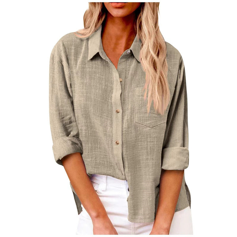 Women's Solid Color Pocket Split Button Cotton Blouses