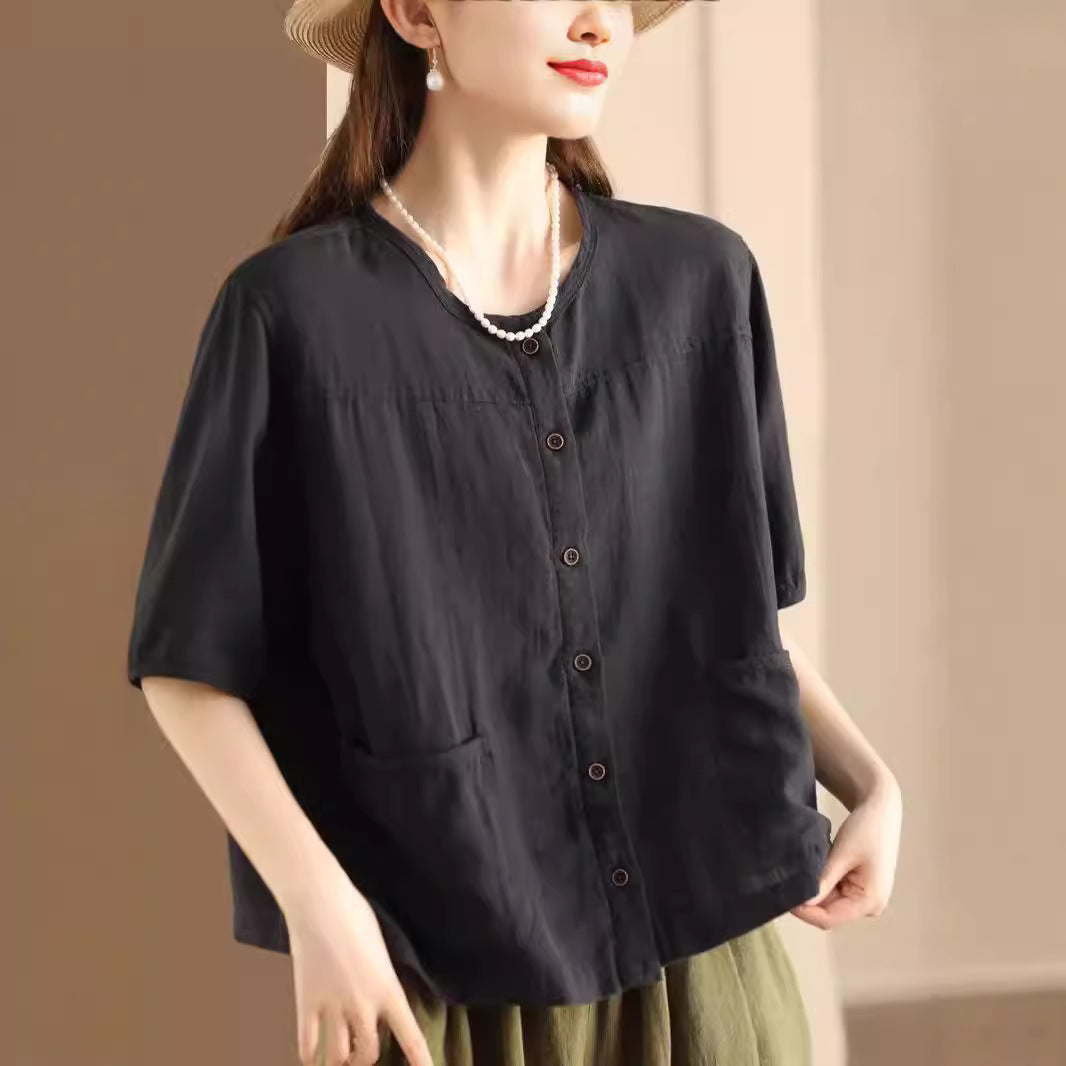 Women's Summer Retro Literary Cotton Linen Shirt Pocket Design Casual Blouses