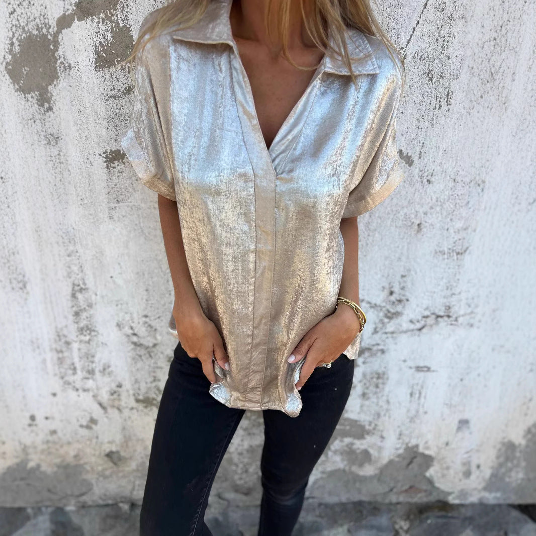 Women's Summer Casual Loose Bronzing Sleeve Lapel Blouses