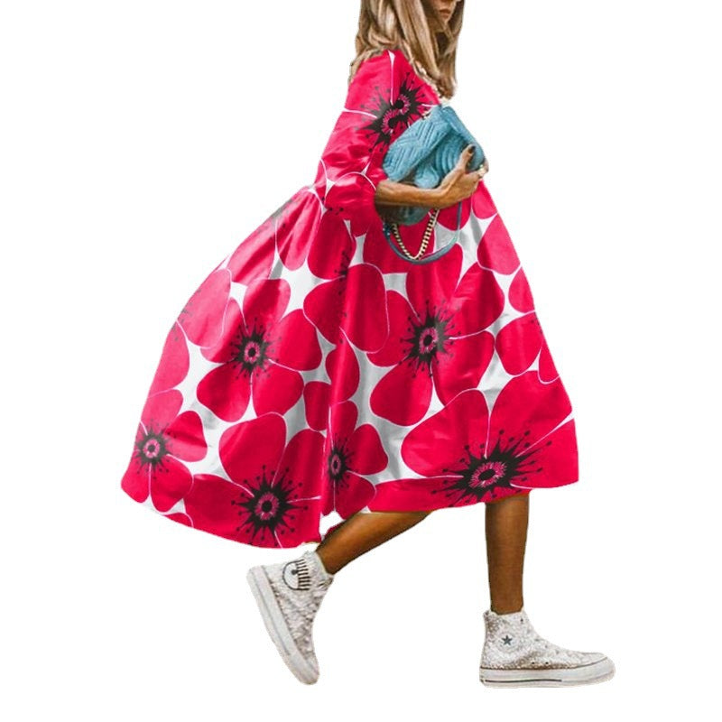 Women's Neck Loose Waist Printed Long Sleeve Dresses