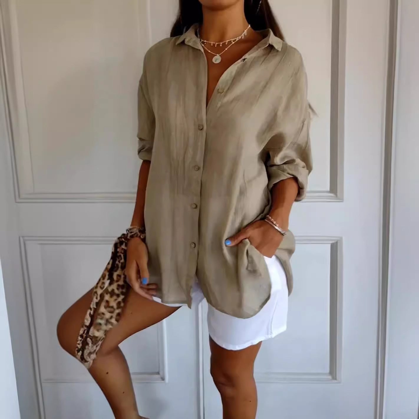 Women's Single-breasted Pleated Lapel Shirt Solid Color Blouses