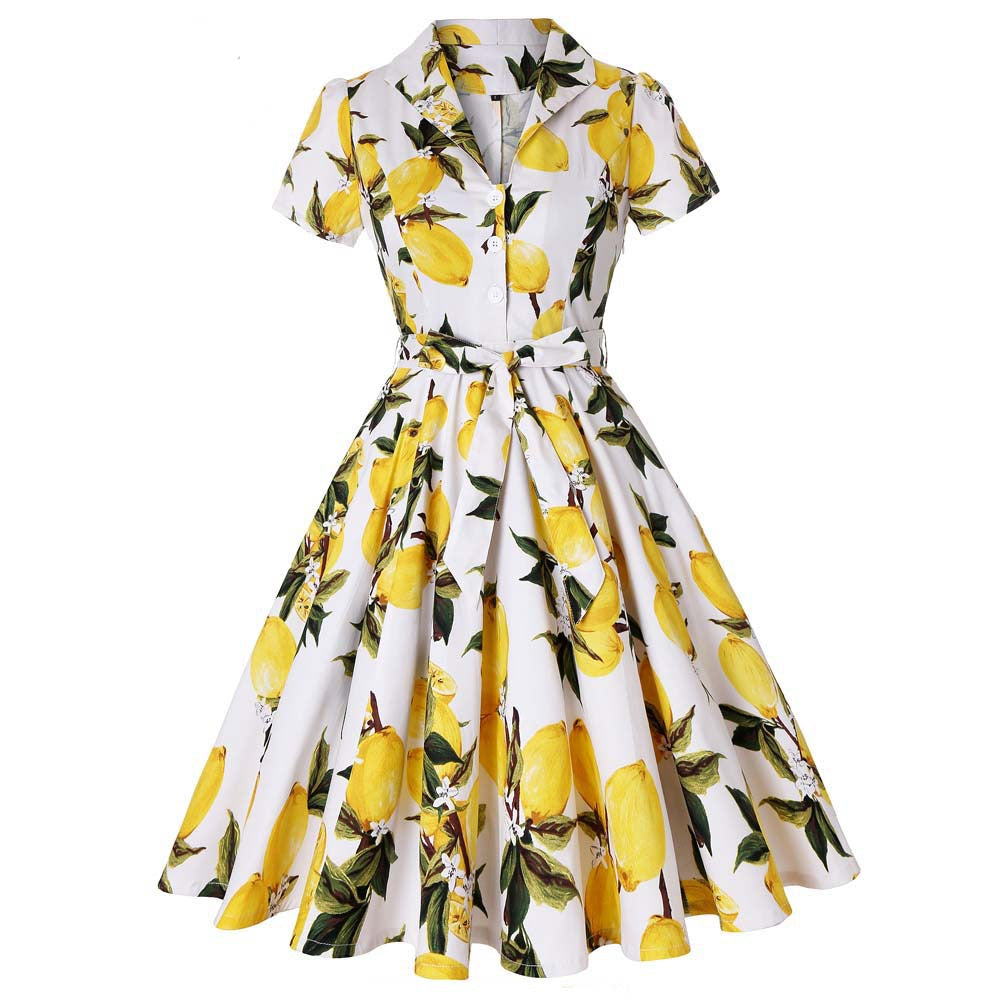 Lapel Sleeve Fresh Printed Large Swing Dress Shorts
