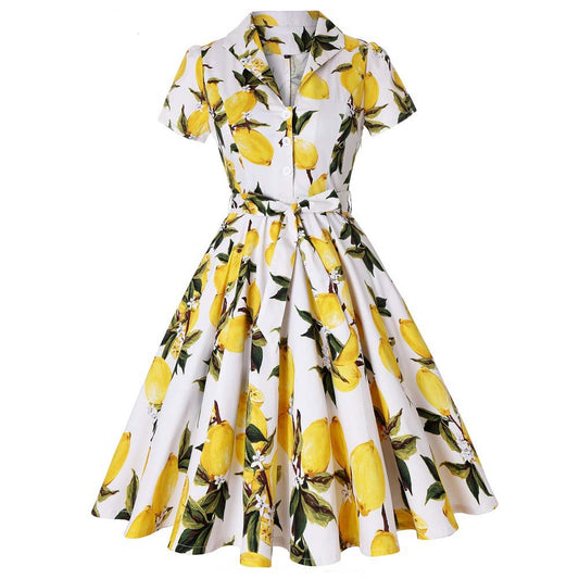 Lapel Sleeve Fresh Printed Large Swing Dress Shorts