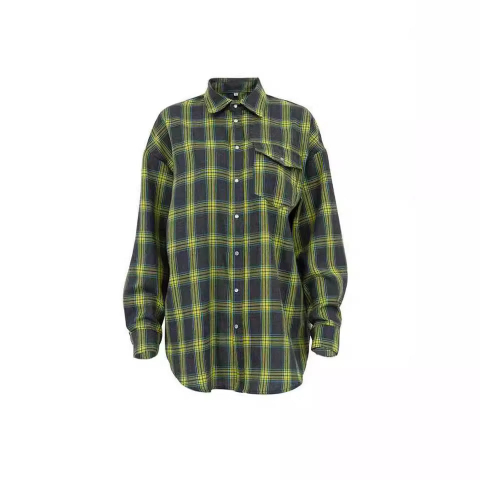 Women's Retro Style Lapel Loose Shirt Plaid Blouses