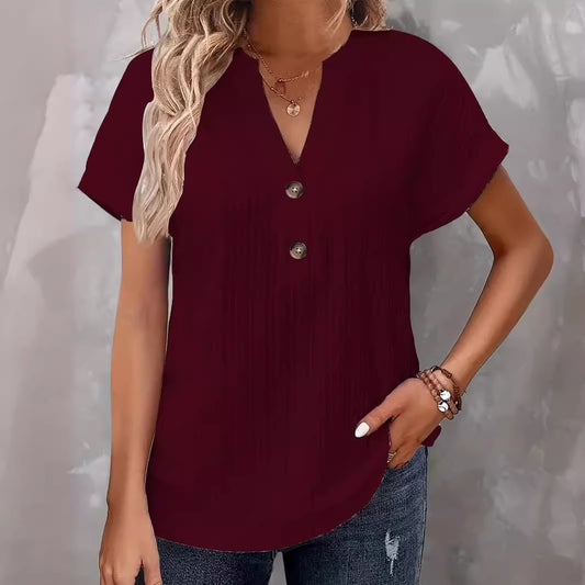 Women's Fashion Casual Solid Color Buttons T-shirt Blouses